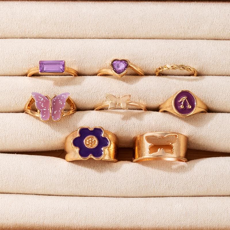 Set Of 5 Colorful Acrylic Butterfly Ring Sets For Women, Pretty Flowers Hollow Geometry Wedding Ring, Vintage Knuckle Rings Set, Stackable Finger Rings, Midi Rings For Women Jewellery