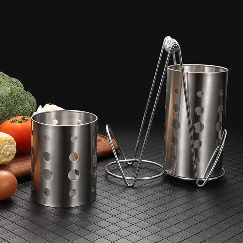 Double Cutlery Drain Rack, Double Handle Chopstick Spoon Rack, Stainless Steel Kitchen Cutlery Box, Spoons Forks Knife Utensils Organizer, Kitchen Storage Tube Barrel Tableware Rack, Caddy Cutlery Utensil Holder