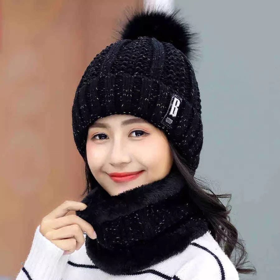 Female Outdoor Casual Windproof Hat, Winter Plush Warm Cap, Women Wool Knitted Hat, Collar Warm Keep Face Warmer Beanies Hat