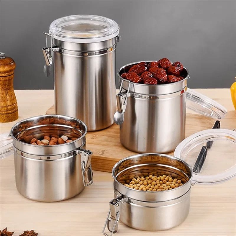 Set Of 4 Stainless Steel Airtight Sealed Canister, Coffee Flour Sugar Tea Container, Kitchen Container Seal Storage Jars With Plastic Cover, Miscellaneous Grain Food Storage Containers, Metal Sealed Can, Tea Leaf Organizer, Kitchen Accessories