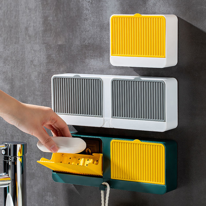 Wall Mounted Double Grid Soap  Holder With Drain Tray, Multifunctional Punch Free Vertical Soap Box, Self Adhesive Waterproof Soap Organizer