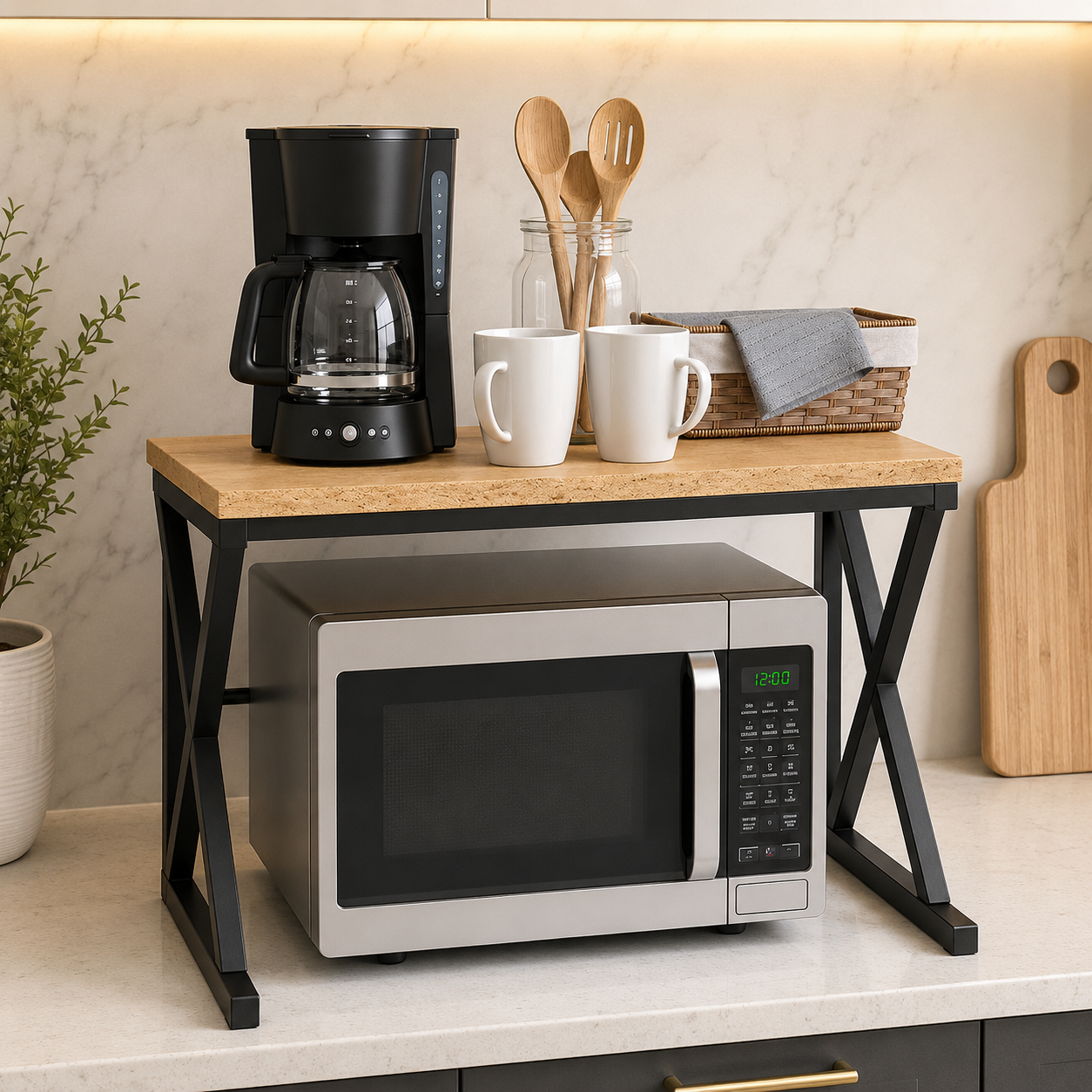 Dual Deck Countertop Microwave Storage Rack, Wooden Kitchen Countertop Organizer, Multi Purpose Kitchen Utility Shelf, Kitchen Appliance Stand