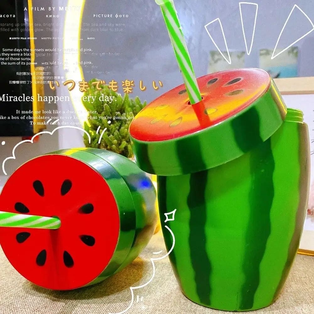 Watermelon Water Bottle, Plastic Summer Straw Cup, Fruity Juice Sippy Cup, Portable Reusable Drinking Cup, Food Grade Plastic Cartoon Fruit Drinkware