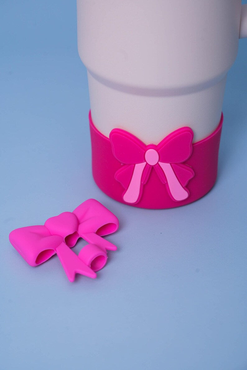 Cute Bow Silicone Cup Boot And Straw Topper, Silicone Tumbler Protective Case, Anti-Slip Tumbler Cup Boot, Dust Proof Cup Boot And Straw Topper
