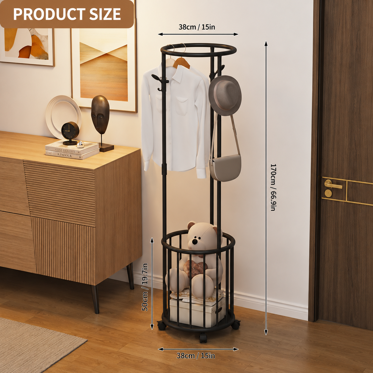 Nordic Rolling Coat Stand with Storage Basket, Multipurpose Garment Rack with Wheels, Space Saving Coat Rack with Storage Basket