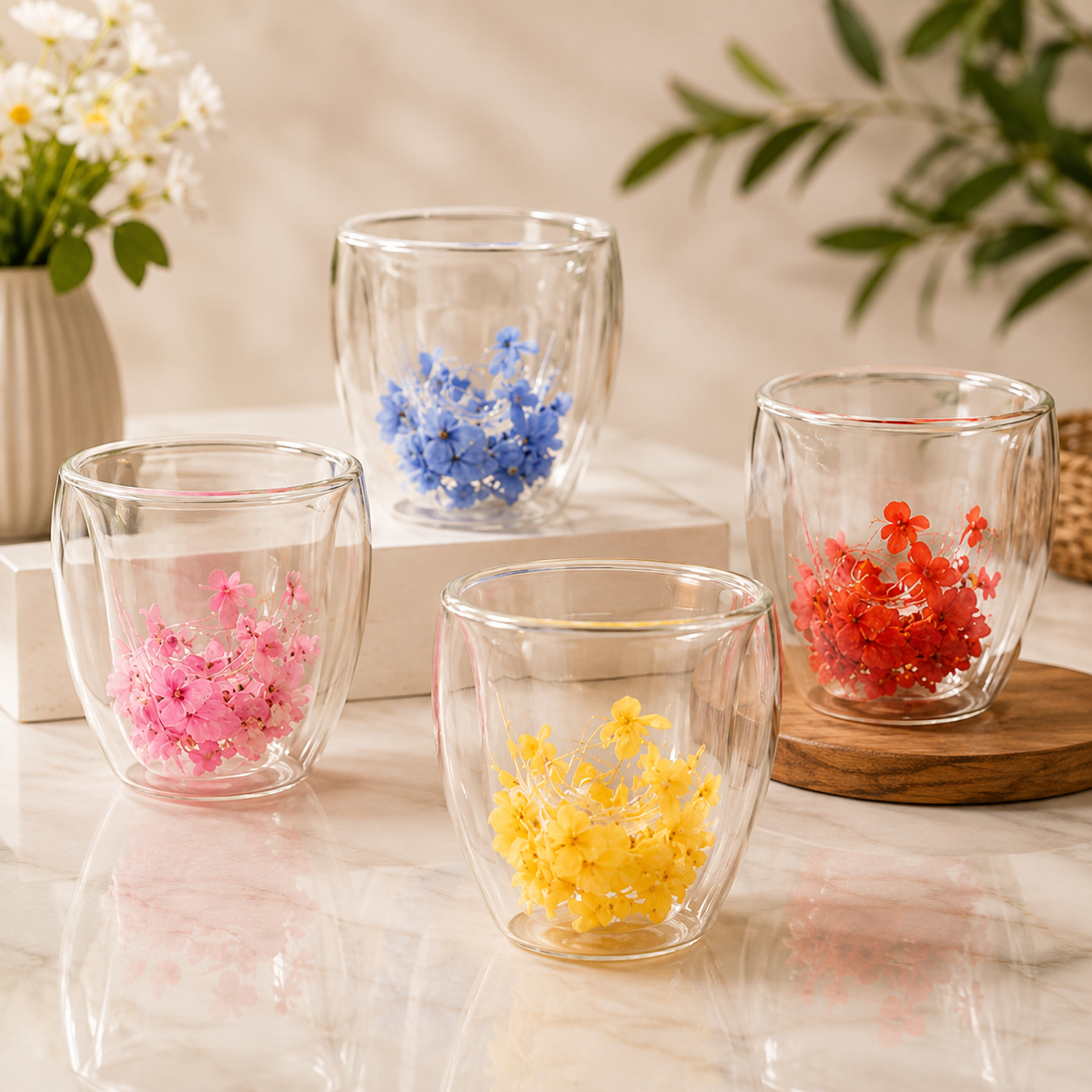 Double Wall Flower Glass Cup, Dried Flower Glass Cup, Transparent Beverage Mug, Chai Glass Cup, Insulated Coffee Mug