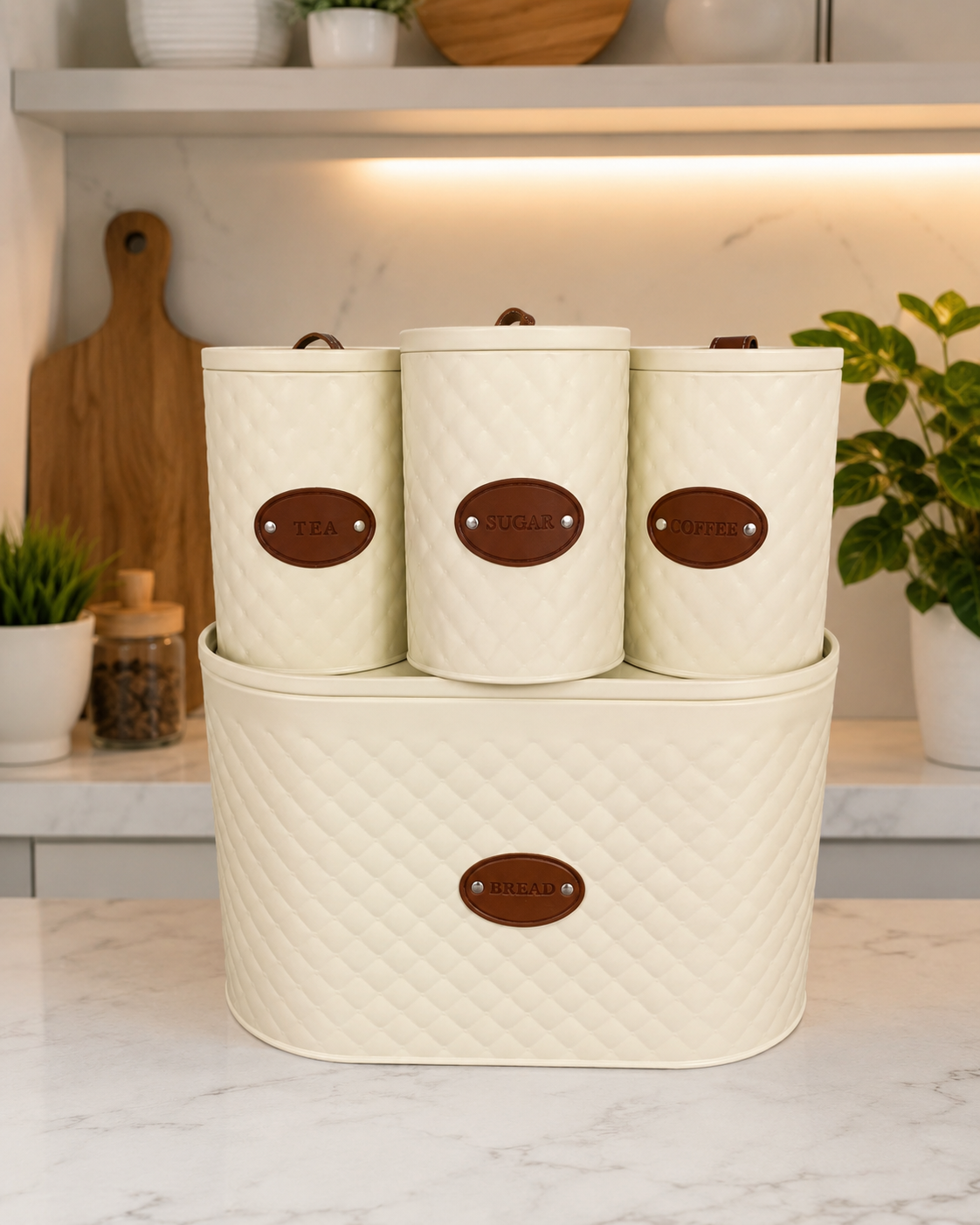 4pcs Diamond Texture Bread Box Set, Luxury Tea, Coffee & Sugar Canister Set with Bread Box, Kitchen Counter Storage Collection