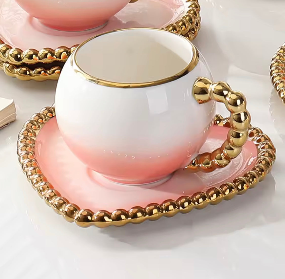 Heart Shaped Porcelain 
Cup And Saucer, Elegant Gold Rim Ceramic Coffee Mug, 250ml Turkish Tea Cup (1pc)
