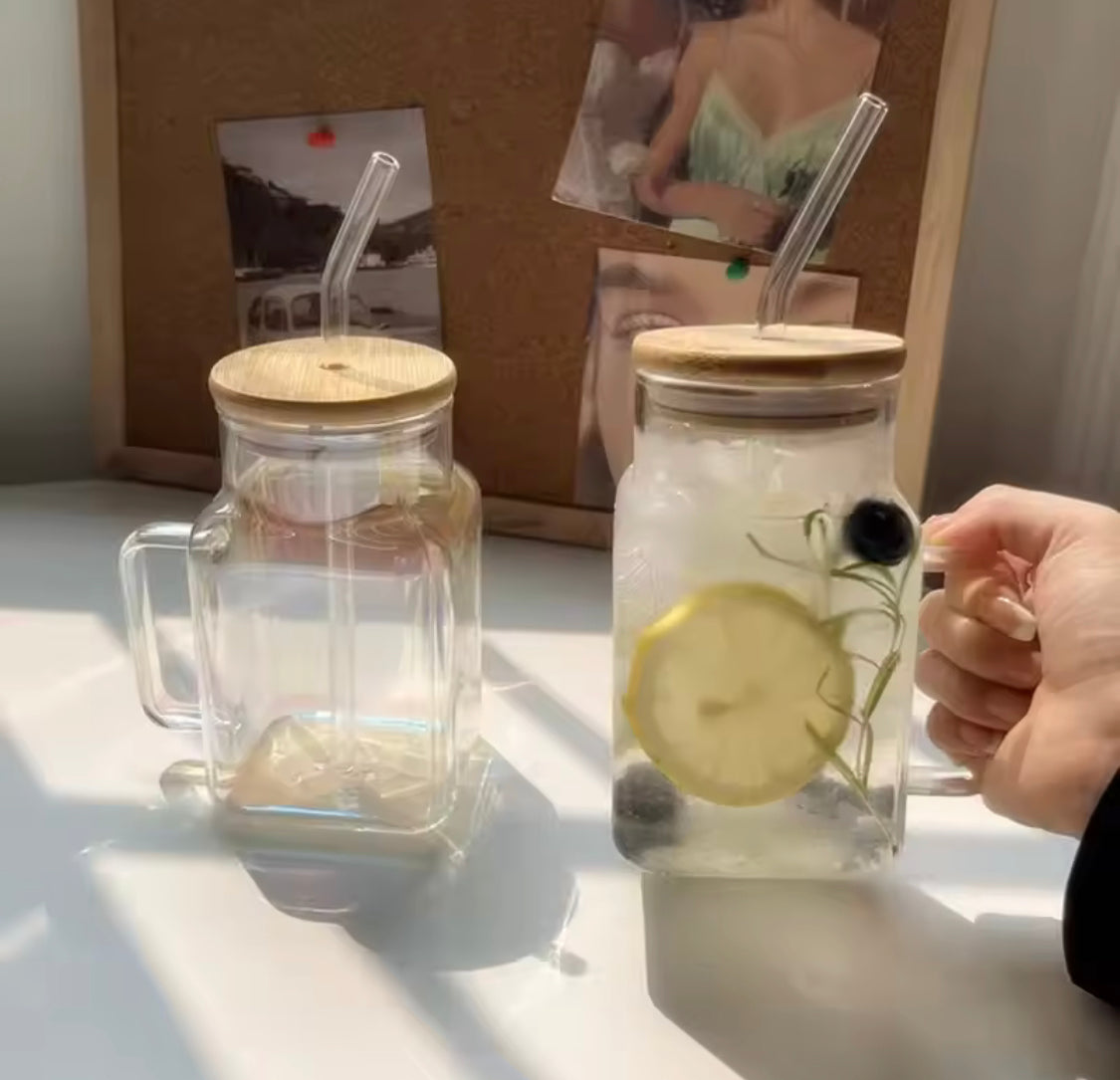 600ml Glass Straw Cup With Handle, Reusable Iced Coffee Mug, Aesthetics Smoothie Cups, Glass Water Tumbler
