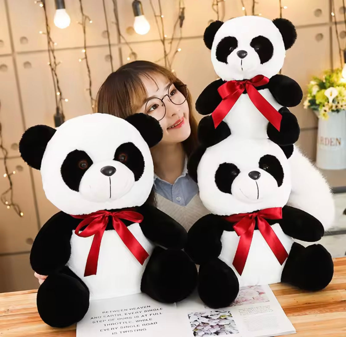 Cute Panda Bear, Bow-Knot Plush Toys, Black And White Panda Stuffed Toys, Kids Animal Plush Toys