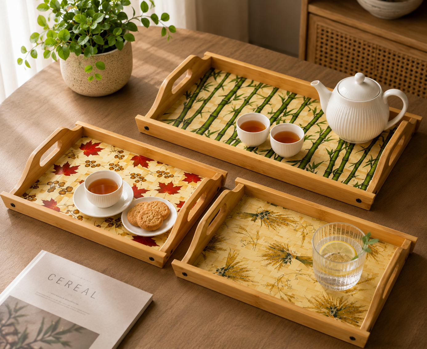 3Pcs Bamboo Serving Trays with Handles, Multipurpose Bamboo Serving Tray Set, Classic Bamboo Tray Collection, Bamboo Kitchen & Serving Tray Set