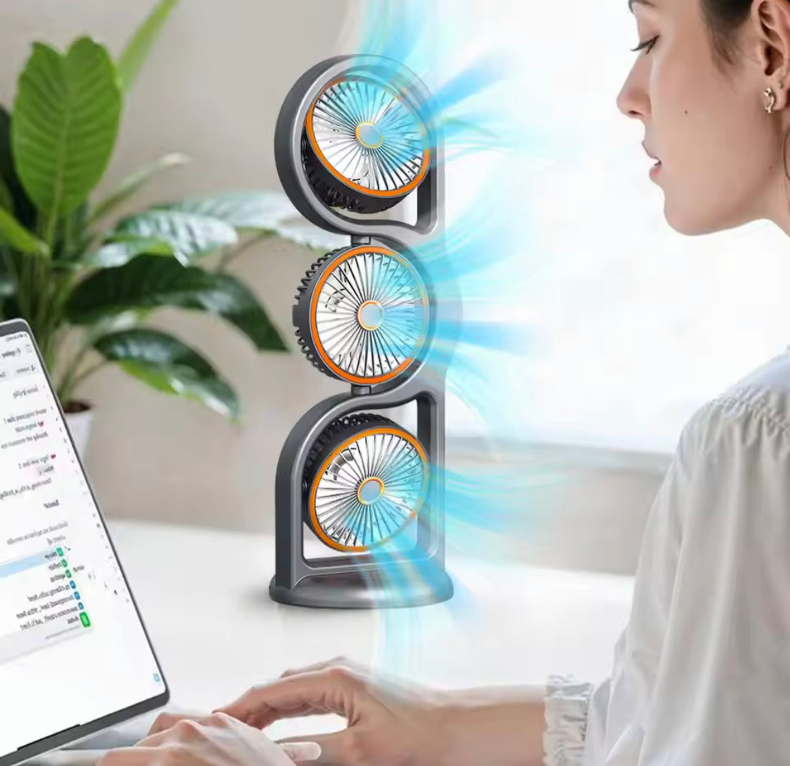 360° Circulation Three Head Table Fan, Rechargeable 5 Speed Wind Desktop Fan, Outdoor Desktop Fan