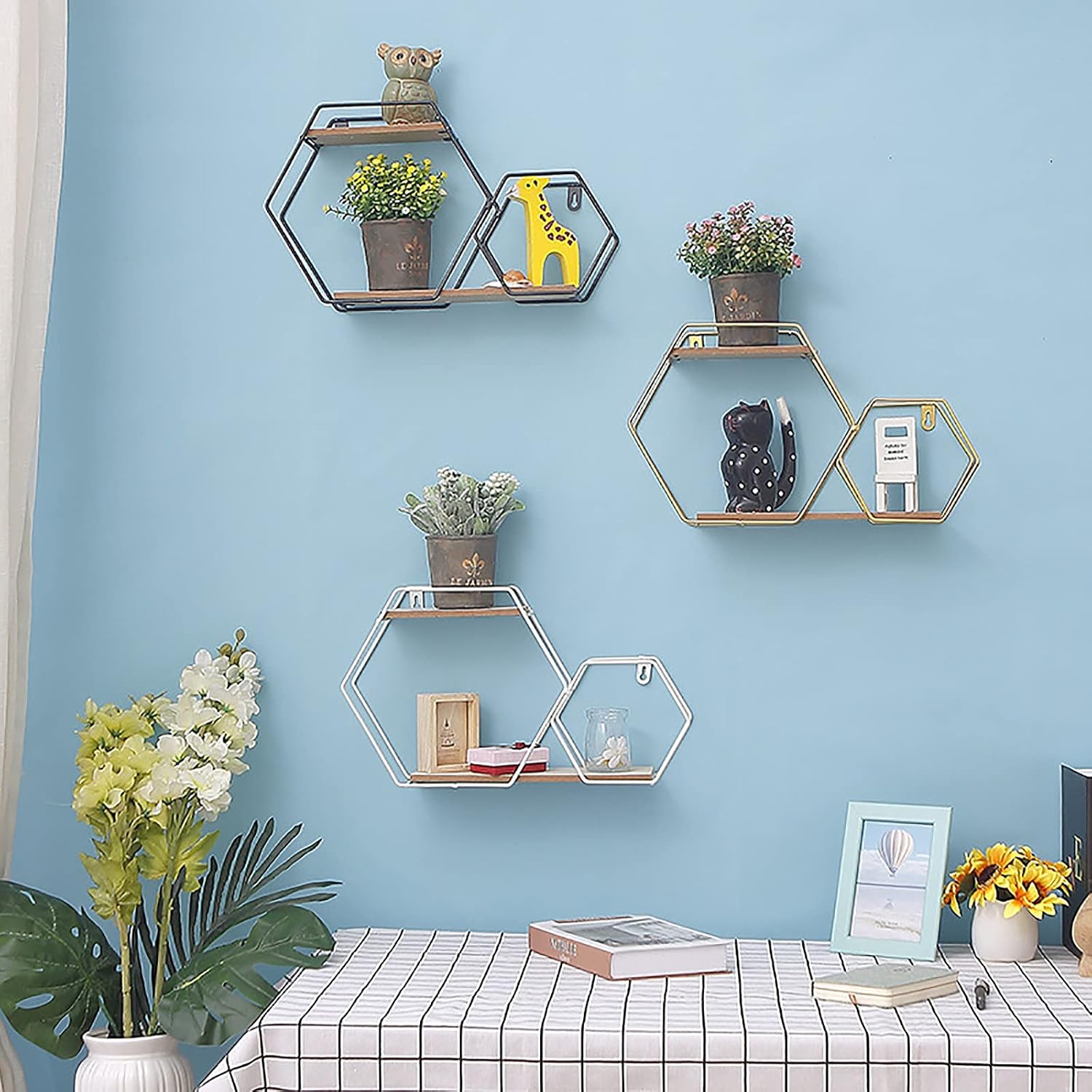Double Layer Hexagonal Wall Floating Shelf, Nordic Style Hexagon Wall Shelf, Wall Mounted Rack for Books