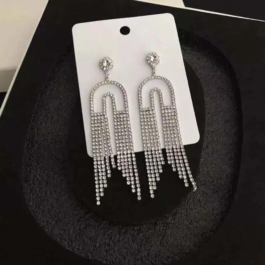 U Shaped Crystal Clipping Earring, Long Tassels Shiny Earring, Rhinestone Dangle Earrings for Women
