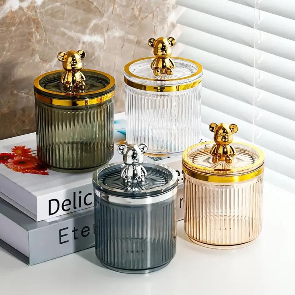 Cute Bear Cotton Pad Holder, Roman Column Striped Bottle, Multifunctional Acrylic Container with Lid, Cosmetics Jewelry Bathroom Qtip Makeup Container, Luxury Bear Storage Jar, Desktop Counter Organizer Containers Dispenser