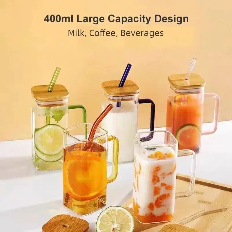 Square Coffee Mug With Wooden Top And Straw, 400ml Colored Handle Drinking Glass Cup, Transparent Drink Cup, Party Beverage Cup, Portable Glass Water Cup with Straw Lid, Household Borosilicate Straw Glass