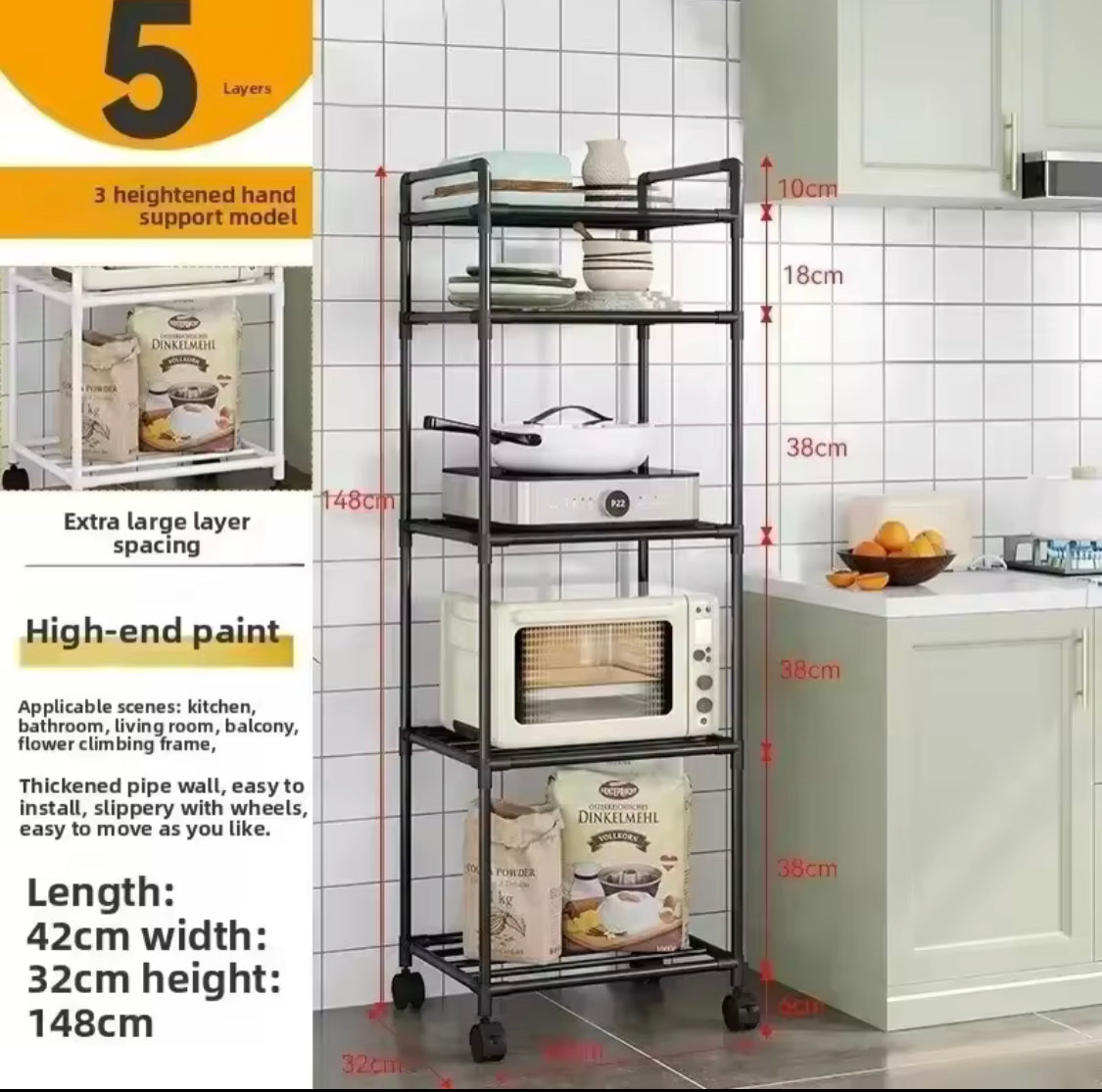 Multi Purpose 5 Tier Storage Shelf with Wheels, Multifunctional Utility Storage Rack, Multi Layers Microwave Oven And Kitchen Organizer