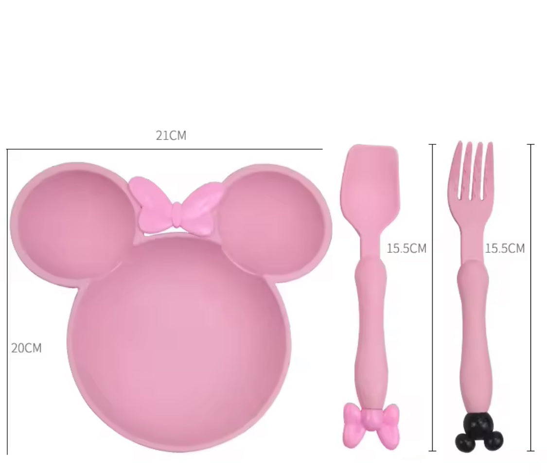 Mickey Mouse Plate Set With Spoon And Fork, Kids Cartoon Dinner Plate Set, Kids Feeding Plate With Spoon Set