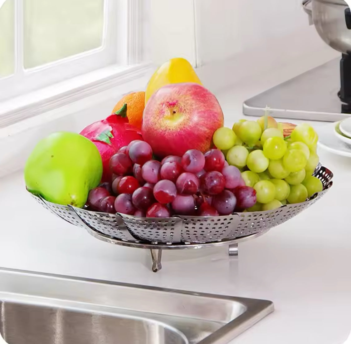 Multifunctional Stainless Cooking Steamer, Foldable Kitchen Steamer Plate, Anti-Scald Steamer Basket, Deep Fryer Pot Strainer