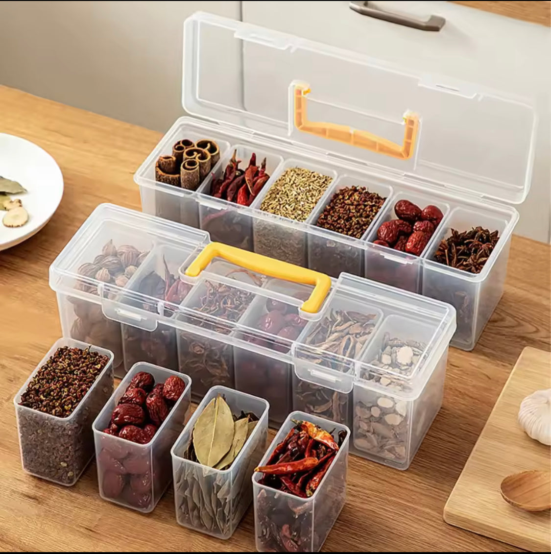 6 Grids Sealed Plastic Storage Box With Handle, Portable Large Capacity Spice Storage Container, Spices Kitchen Organizer