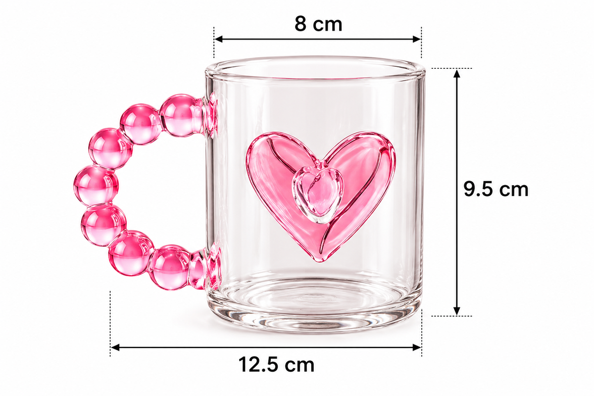 Cute Heart Glass Mug with Beaded Handle, Transparent Heart Glass Mug, Aesthetic Mug With Pearl Handle