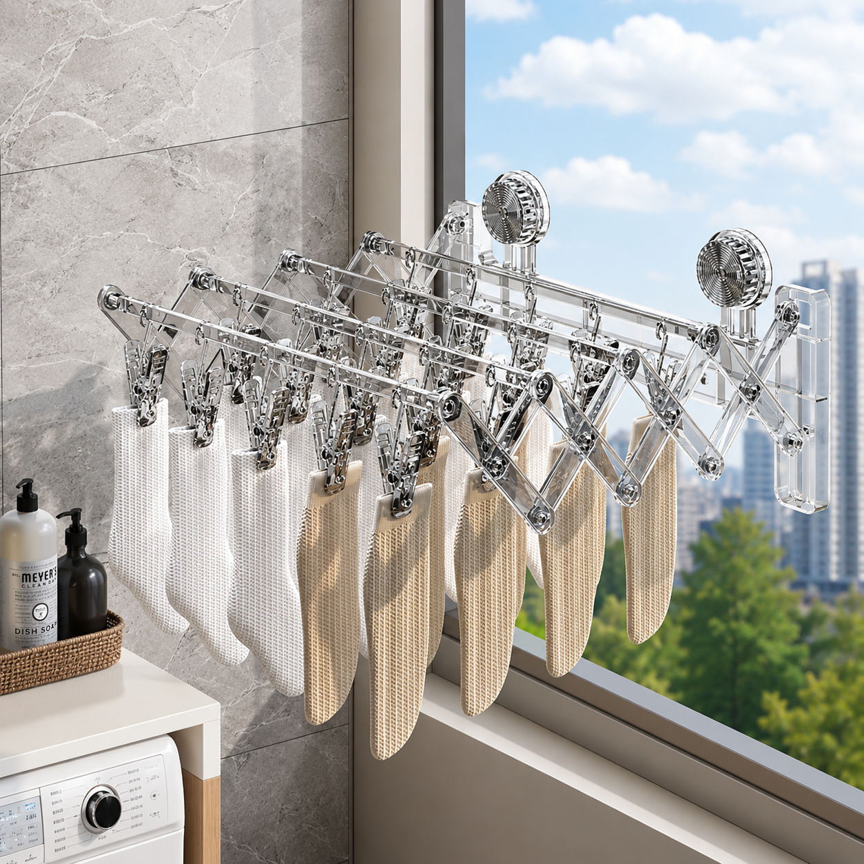 Expandable Wall Drying Hanger, Telescopic Wall Mounted Hanger, Adjustable Indoor Clothes Drying Rack, Multi Arm  Suction Cup Drying Rack