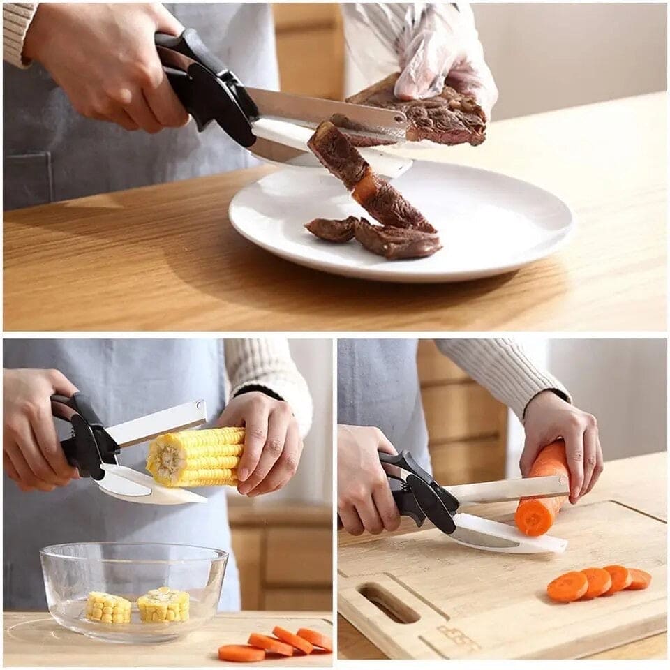 Kitchen Clever Cutter, 2 in 1 Utility Scissor, Pro Hand Held Knife Chopper, Multifunctional Kitchen Scissors knife, Salad Chopper with Built In Cutting Board, Kitchen Knife with Cutting Board