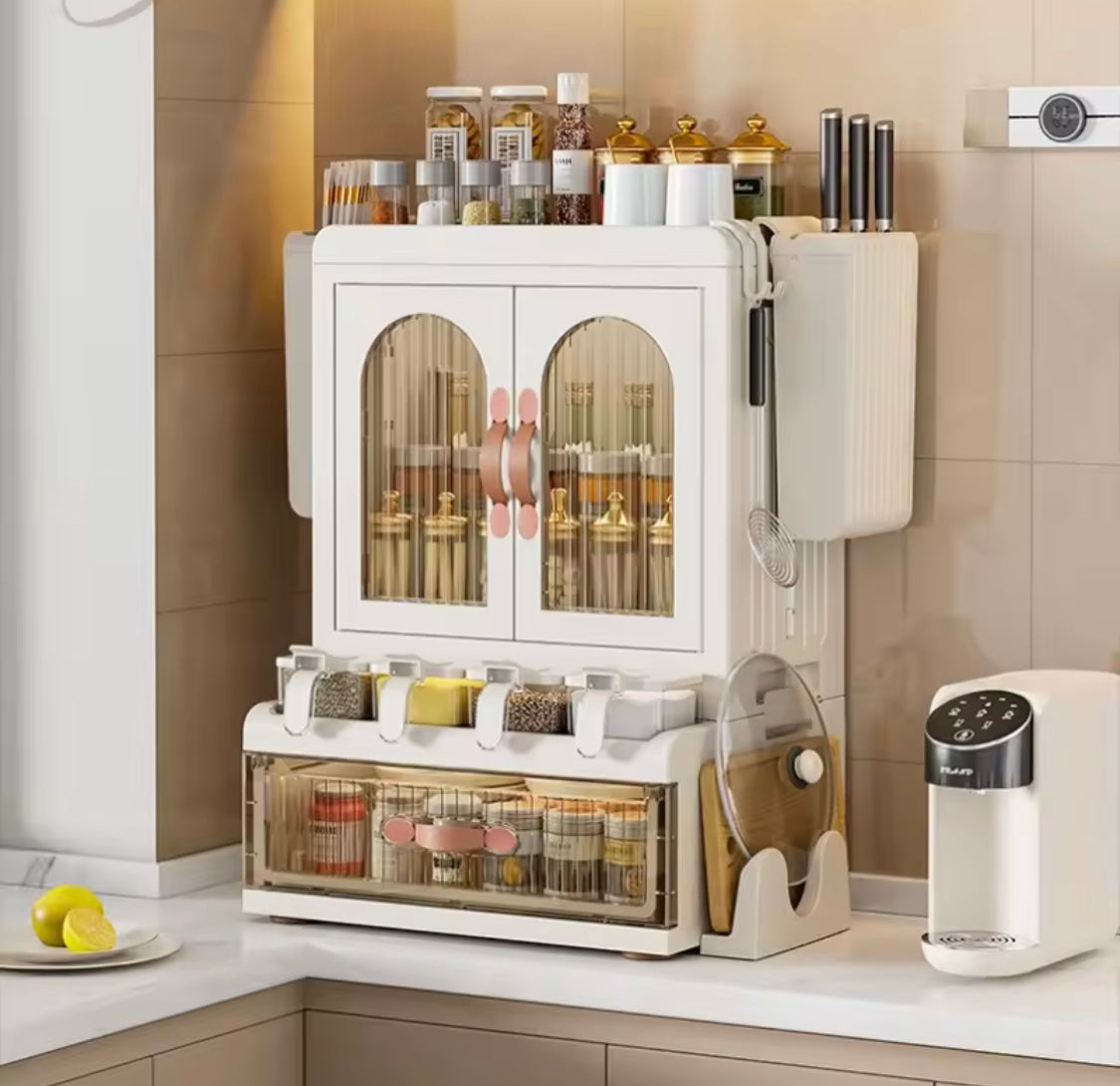 Multifunctional Arched Door Kitchen Organizer with Drawer, Dual Door Kitchen Seasoning Spice Organizer, Kitchen Spice Rack Organizer with Knife Holder & Storage Cabinet, Knife Holder