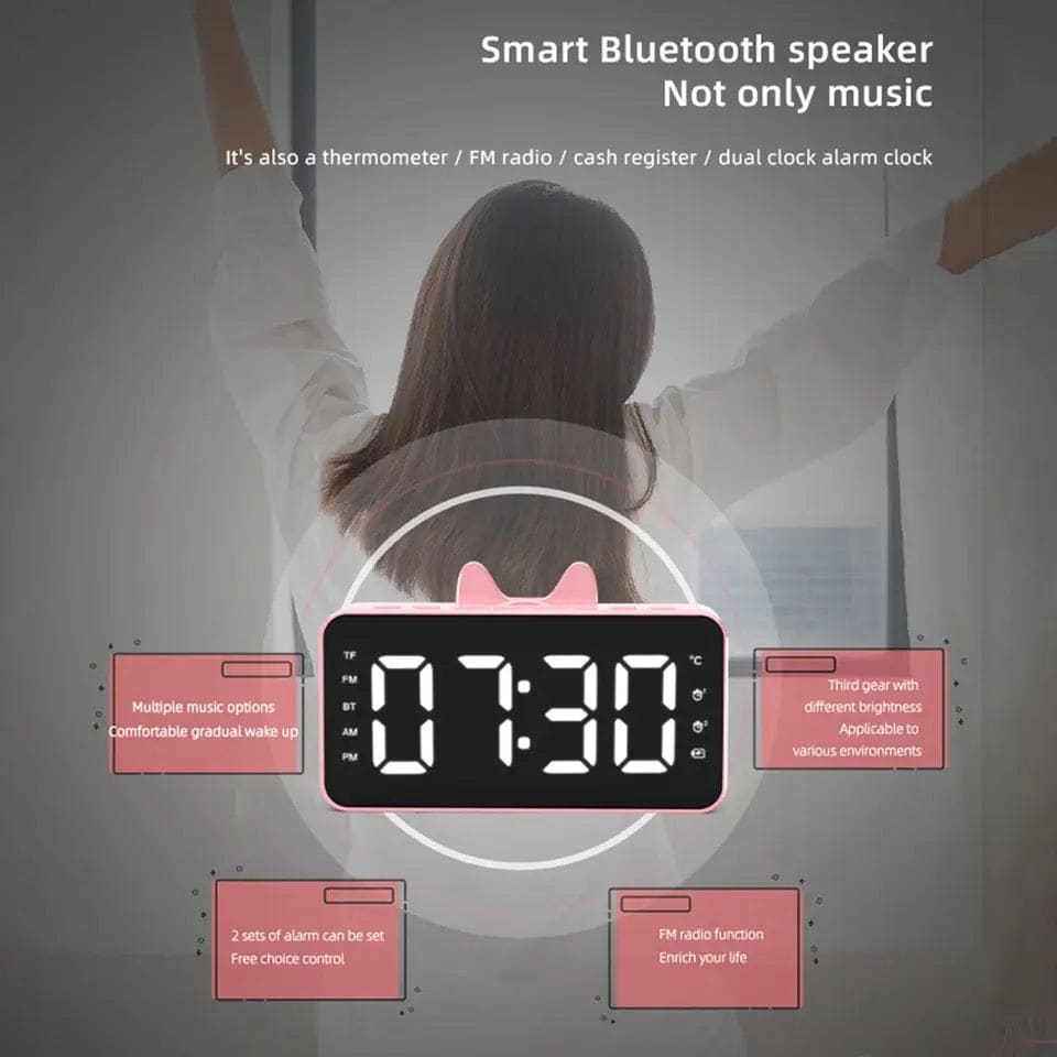 Cat Ear Alarm Clock, Speaker Wireless Mirror Digital Display Smart Sound Box, TF FM Radio Mobile Phone Stand Sound Bar, Multifunction Alarm Radio Desk Clock, Cute Wireless Bluetooth Speaker Clock