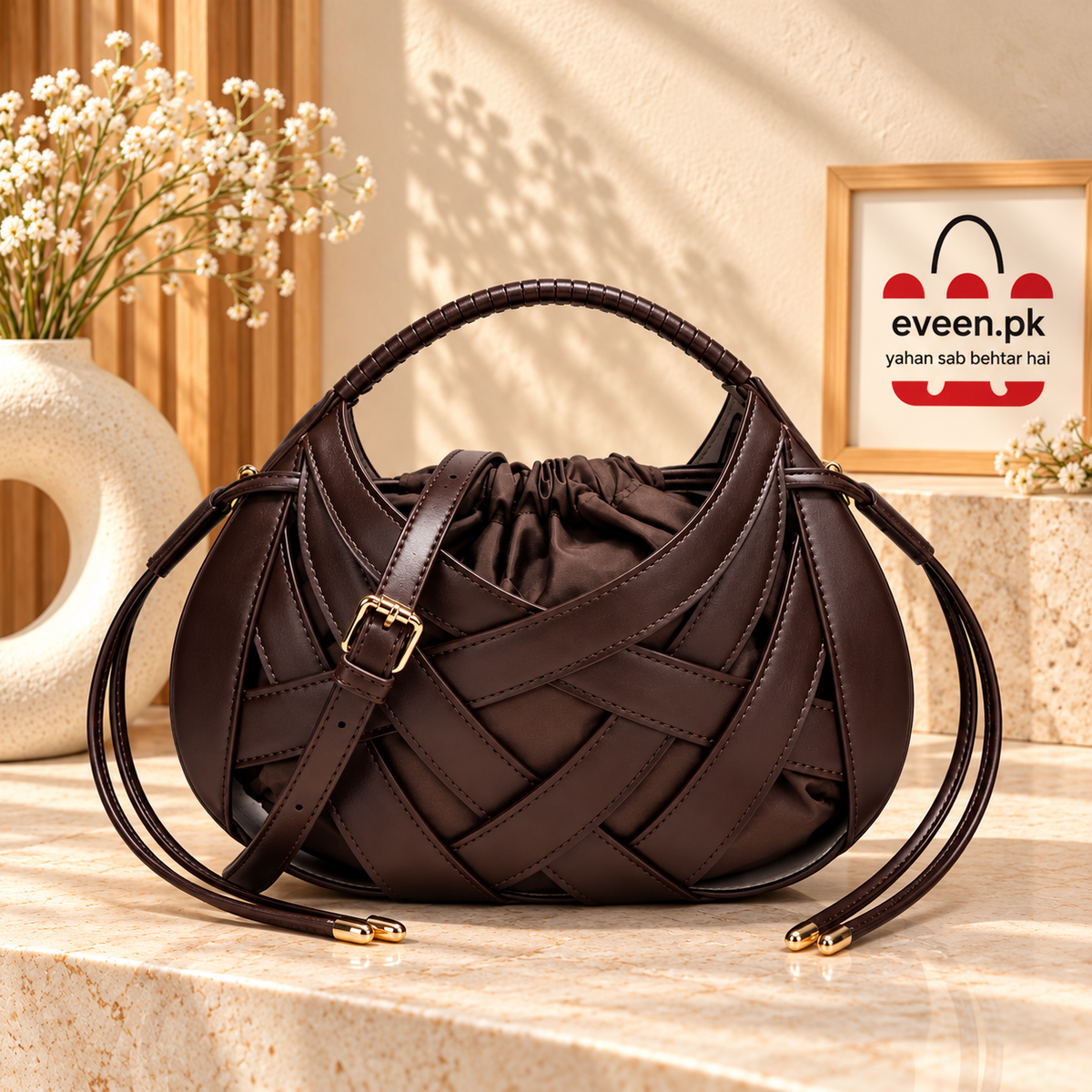 Luxe Woven Crisscross Handbag with Shoulder Strap