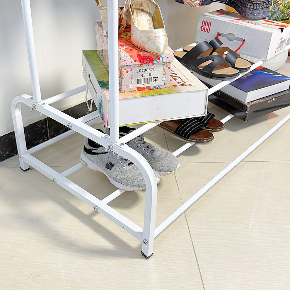 Dual Pole Metal Clothes Stand With Shoe Tiers, Standing Wardrobe Clothes Rack, Floor Stand Drying Rack
