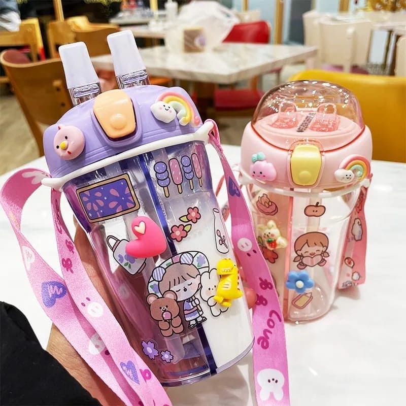 Cute Double Drinking Water Bottle, 430Ml Dual Straw Bottle, Cartoon Sticker Water Bottle, Student Couple Plastic Cup, Transparent Portable Cute Cup with Straw, Double Plastic Sports Cute Water Bottle, Portable Children's Sippy Cup