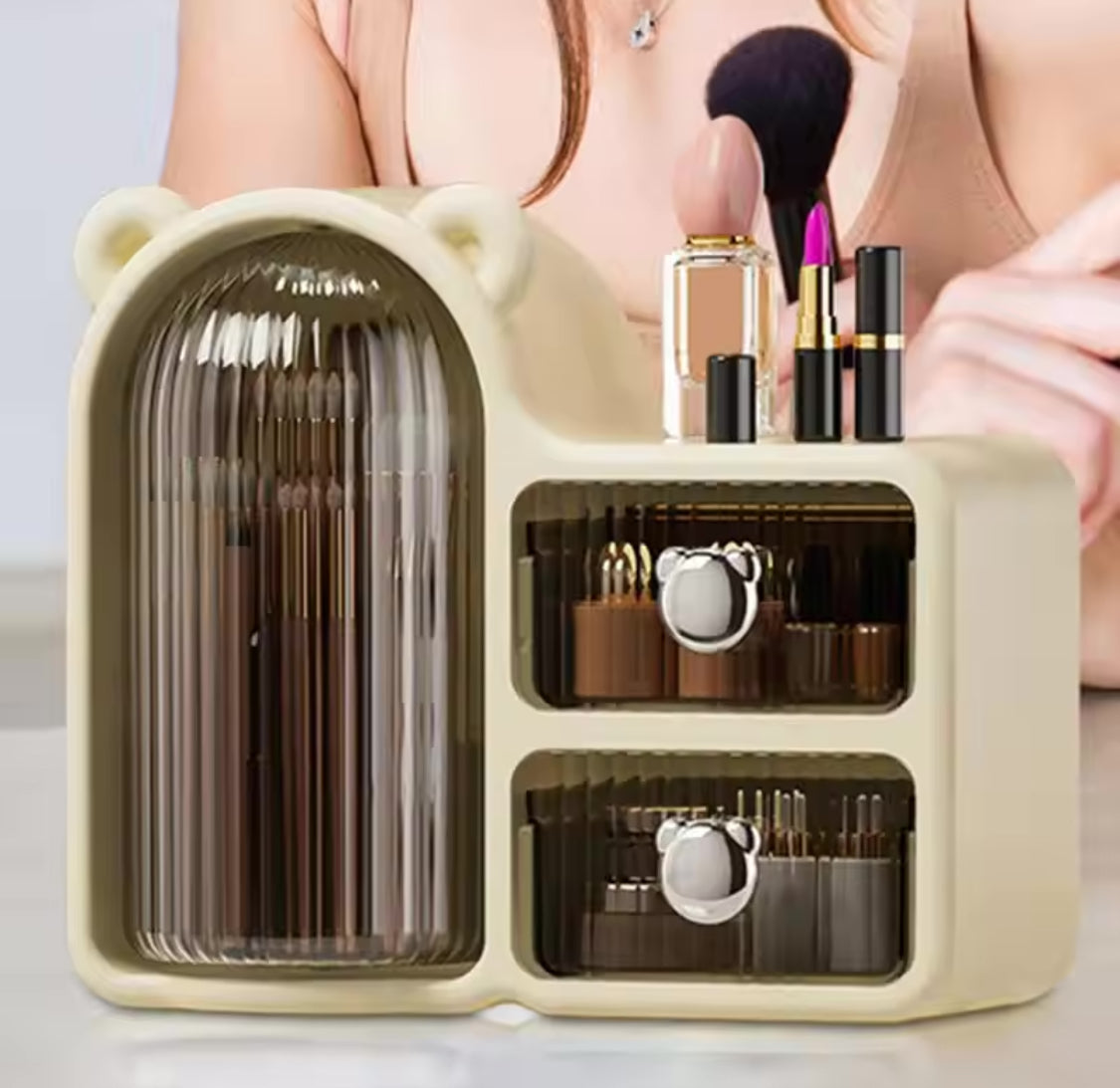 Rotating Desktop Bear Shape Storage Box, Desktop Organizer With 2 Drawers, Makeup Brush Holder, Dressing Table Storage Box