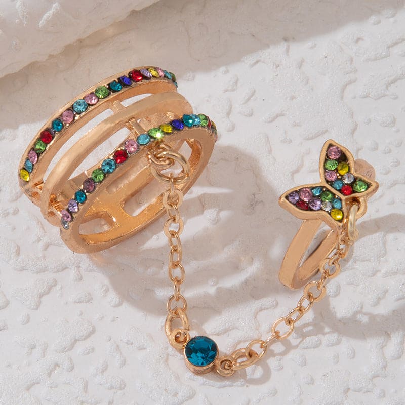 Double Finger Butterfly Chain Ring, Tassel Butterfly Cross Punk Ring Jewellery, Butterfly Cross Punk Ring, Elegant Tassel Butterfly Chain Ring
