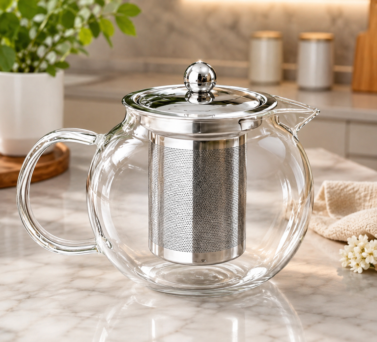 Glass Teapot with Stainless Steel Infuser, Double Wall Glass Tea Infuser Pot, Round Glass Tea Brewing Pot, Transparent Glass Tea Kettle