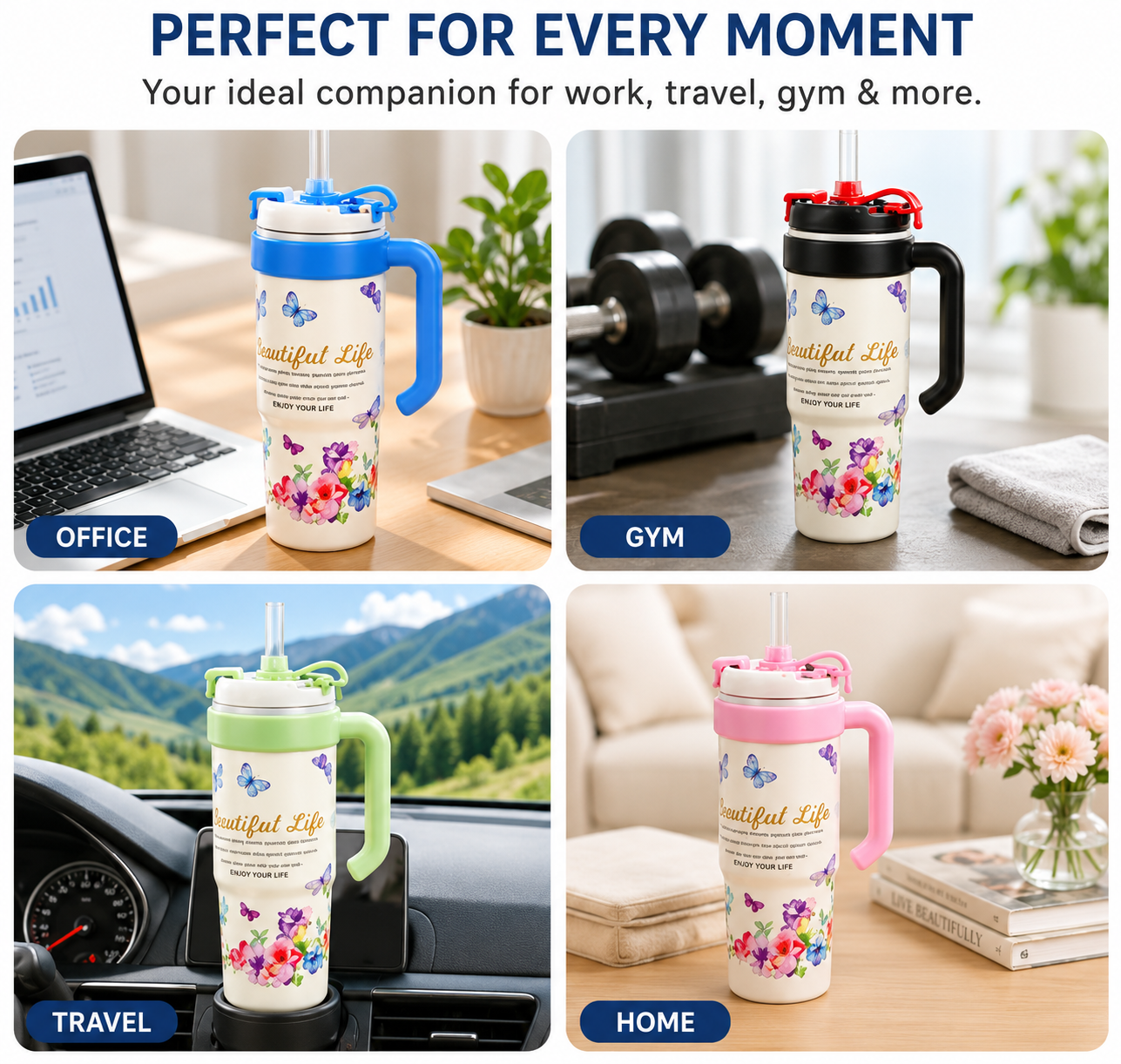 Insulated Vacuum Floral Tumbler with Handle, 1000ml Leak Proof Stainless Steel Travel Water Bottle, Floral Thermos Tumbler with Straw & Handle