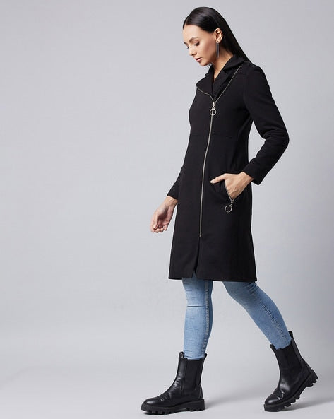 Women Long Leather Patch Side Zipper Jacket