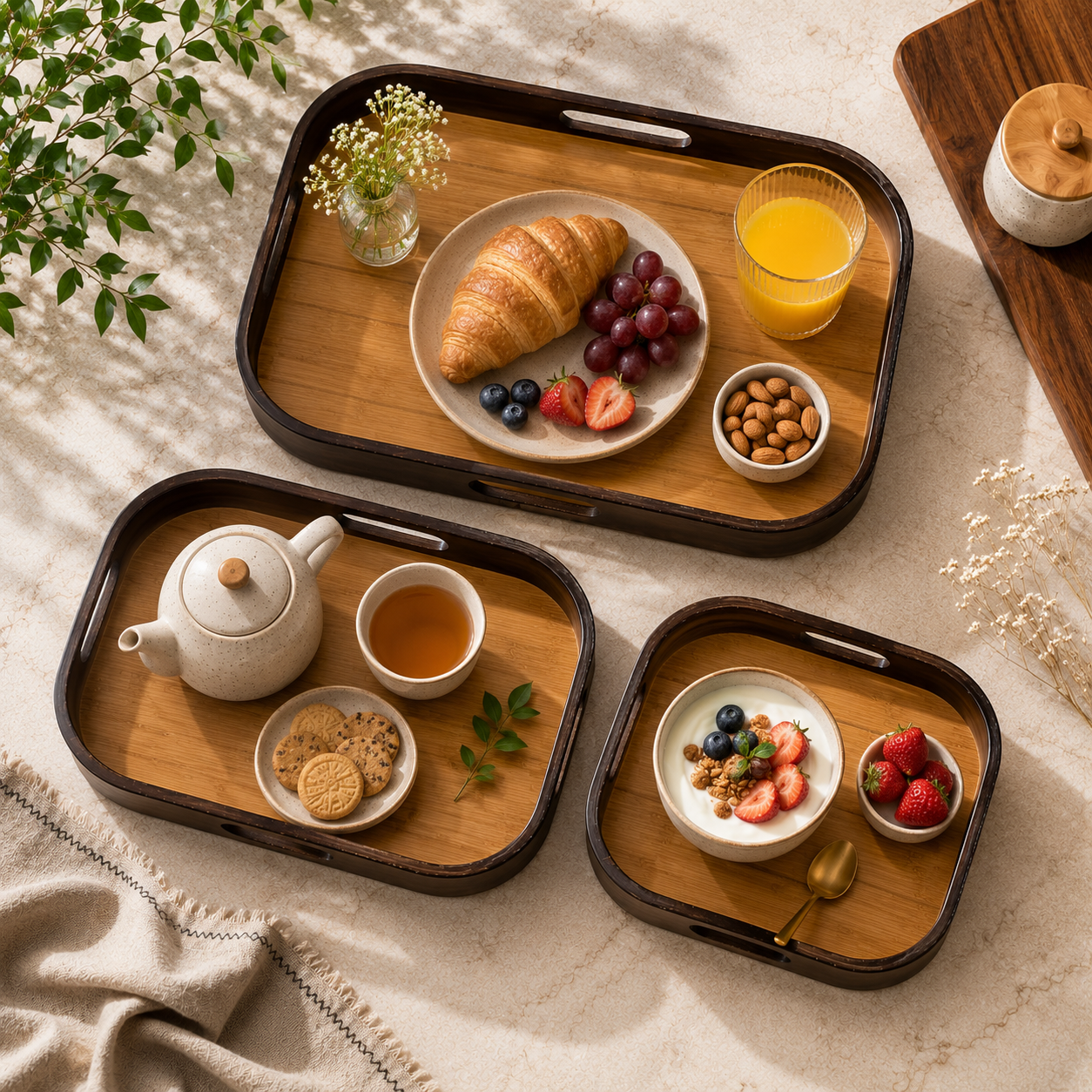 3 Pcs Wooden Tea Serving Tray Set With Handles, Elegant Bamboo Breakfast Tray Set, Classic Wooden Serving Tray Collection