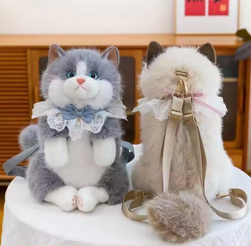 Cute Cat Plush Stuffed Backpack,     Kawaii Cat Backpack Carrier, Fluffy Cat Doll Backpack, Adorable Cat Shoulder Backpack