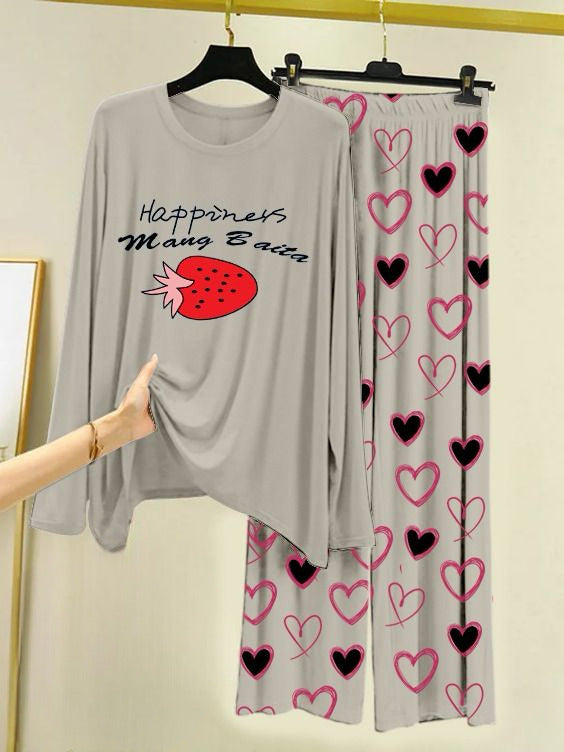 Printed Night Suit With Trouser, Sleep Wear Comfy Dress For Women, Cute Cartoon design Shirts And Heart Print Trouser