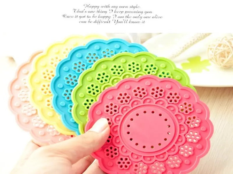 6pcs Semi-Transparent Candy Color Cup Mat, Mat Lace Cup, Creative Nonslip Cup Pad