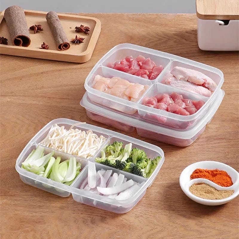 4 Grid Plastic Becon Box, Four Compartment Food Storage Box, Reusable Preservation Box With Lid, Plastic Refrigerator Storage Box Organizer, Food Storage Container with Lid for Refrigerator, Multipurpose Food Fridge Keeper