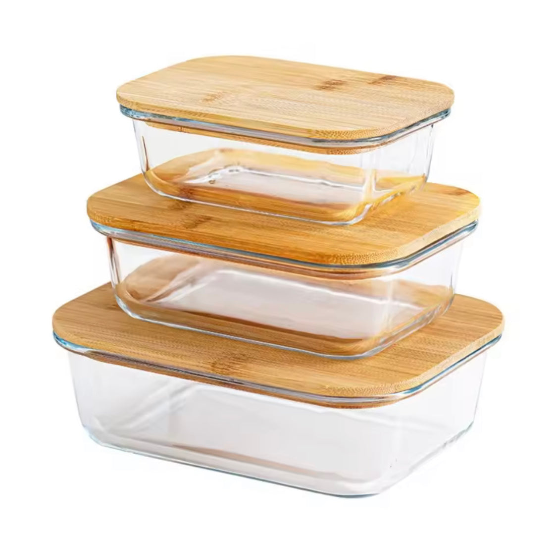Set of 3 High Borosilicate Glass Bamboo Lunch Box, Heat Resistant Food Storage Containers With Lid, Food Storage Containers