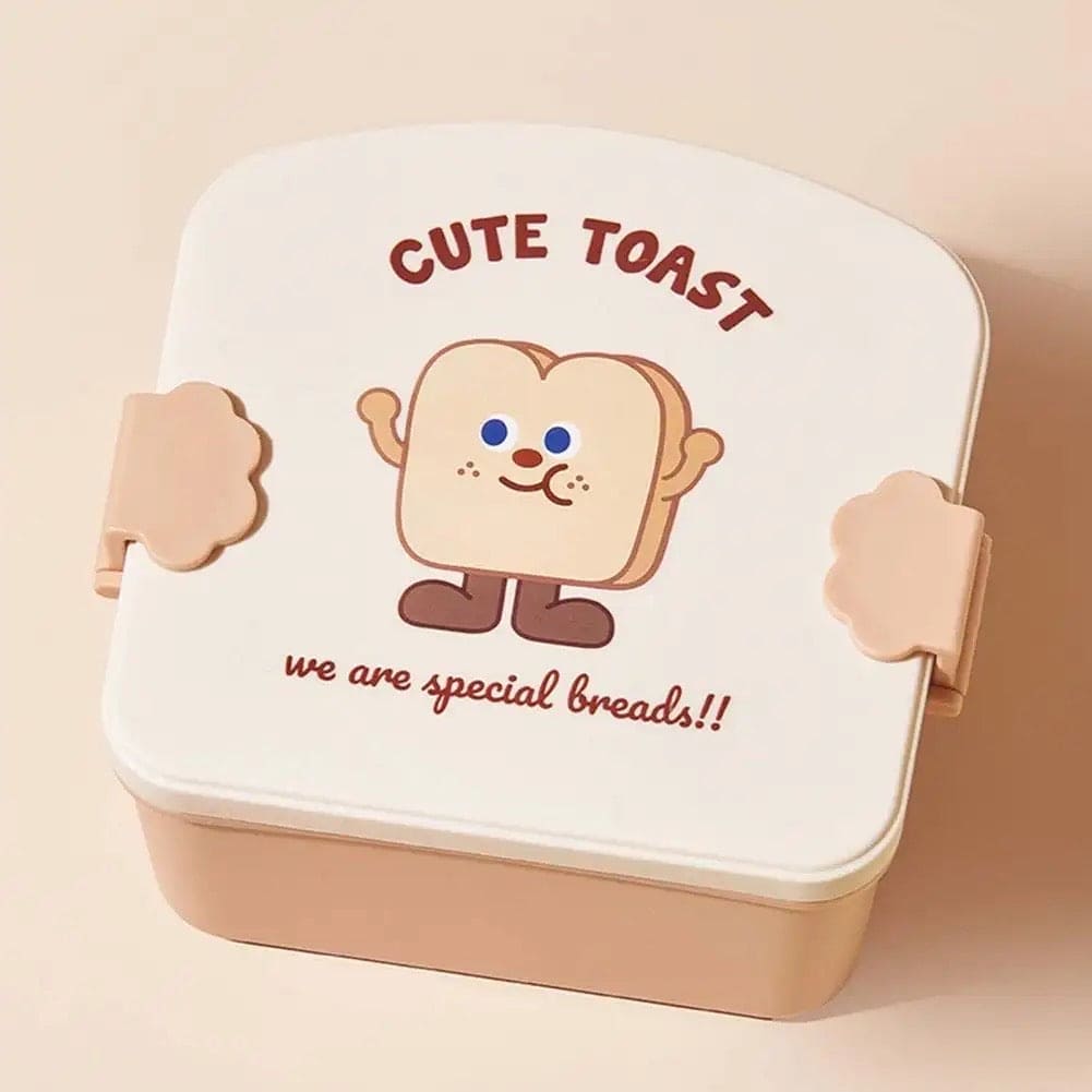 Square Toast Lunch Box, Plastic Partition Bento Box with Lid, Kids School Lunch Box, Snack Food Storage Container, 3 Grids Lunch Box with Cutlery, Cartoon Toast Pattern Students Bento Case for School Office