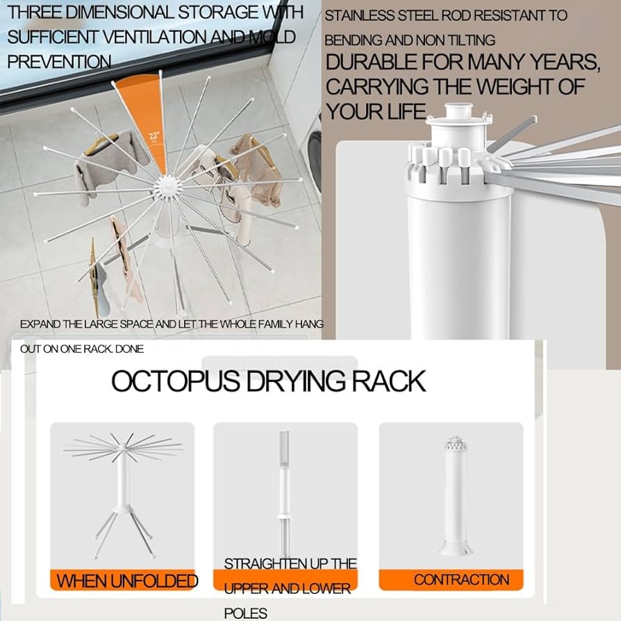 Octopus Portable Drying Rack, Foldable Clothes Drying Rack, Tripod Style Clothes Warmer, Rotating Washing Hanger Rack