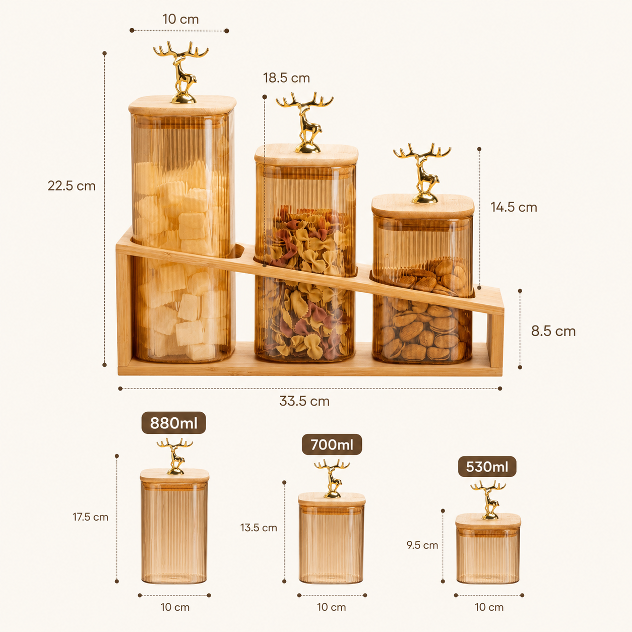 Luxury 3pcs Deer Handle Glass Storage Jar Set, Decorative Ribbed Glass Storage Jars With Rack,     Elegant Deer Knob Storage Jar Set