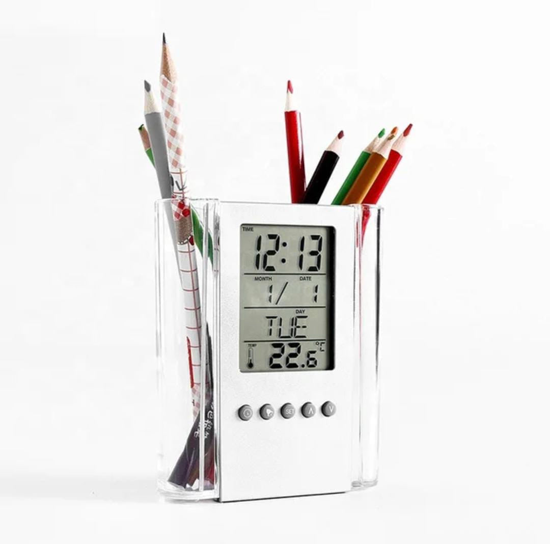 LCD Digital Alarm Clock Desk Pencil Pen Holder, Multi Function Pen Holder with Digital Time Clock, Perpetual Calendar Pen Holder