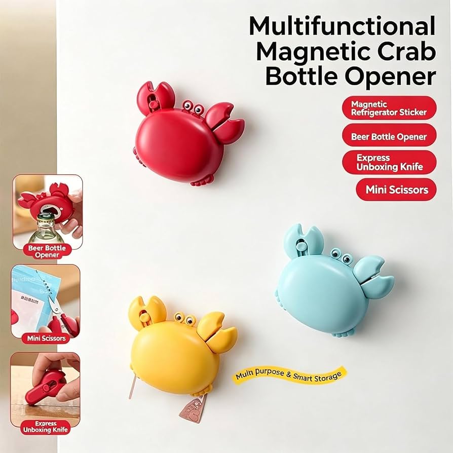 4 In 1 Magnetic Crab Bottle Opener with Mini Scissors, Multifunction Fridge Kitchen Tool with Strong Magnet, Compact Bottle Cap Opener, Kitchen Gadget