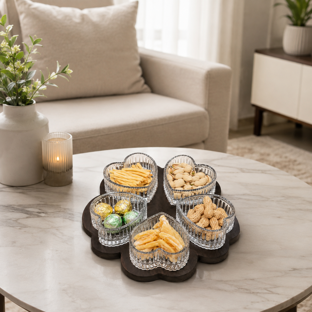Rotatable 6pcs Heart Shaped Glass Snack Bowl Set, Luxury Ribbed Heart Glass Serving Bowls, Crystal Heart Glass Snack Bowl Set