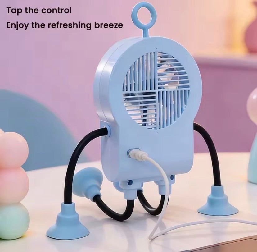 Portable Robot Shape Fan with Suction Cup Stand, Rechargeable LED Robot Mini Fan with Suction Cup Legs, Mini Robot Air Circulation Fan, Suction Cup Robot Cooling Fan